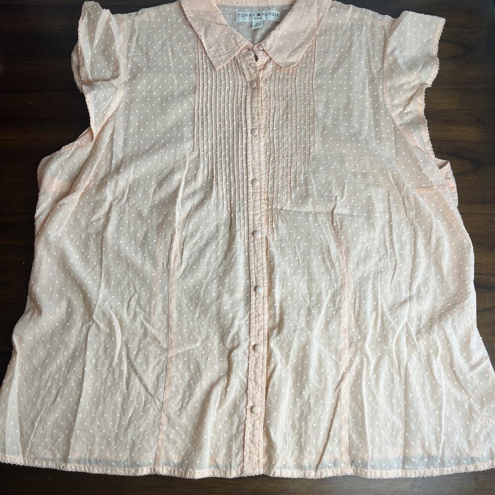 Tommy Hilfiger Woman Peach Swiss Dot Pintuck Cap Sleeve Collar Button Top Sz 22